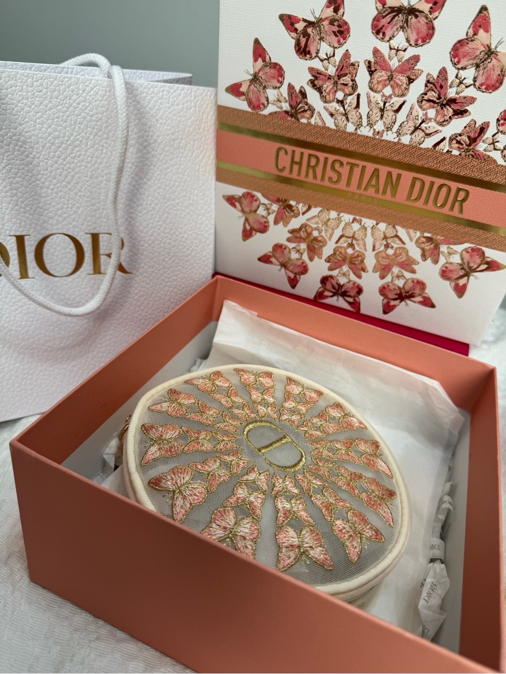 Christian Dior Embroidered Butterflies Round Pouch Makeup Bag